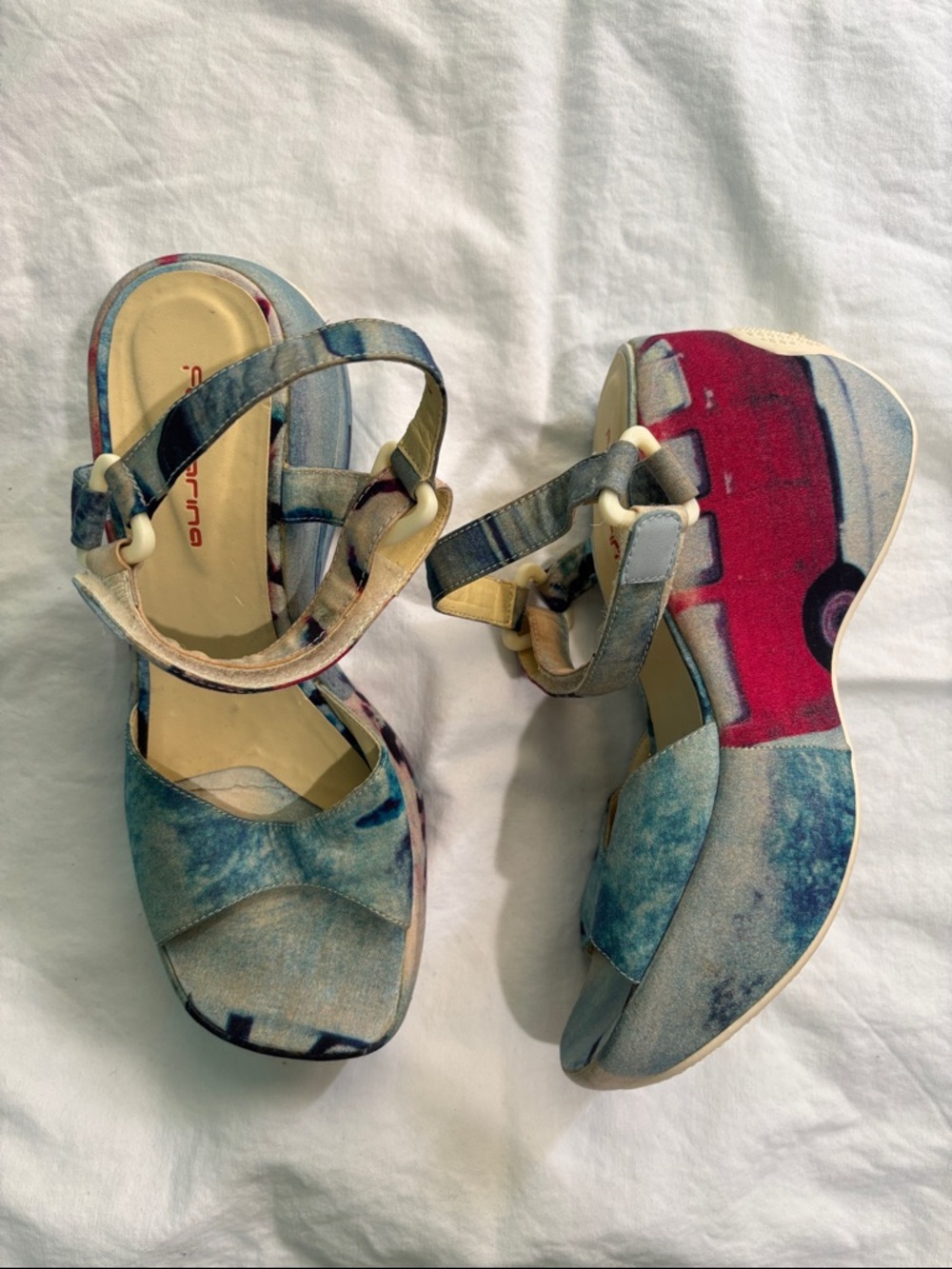 Fornarina’s Artistic Blue Print Canvas Platform Wedge Sandals